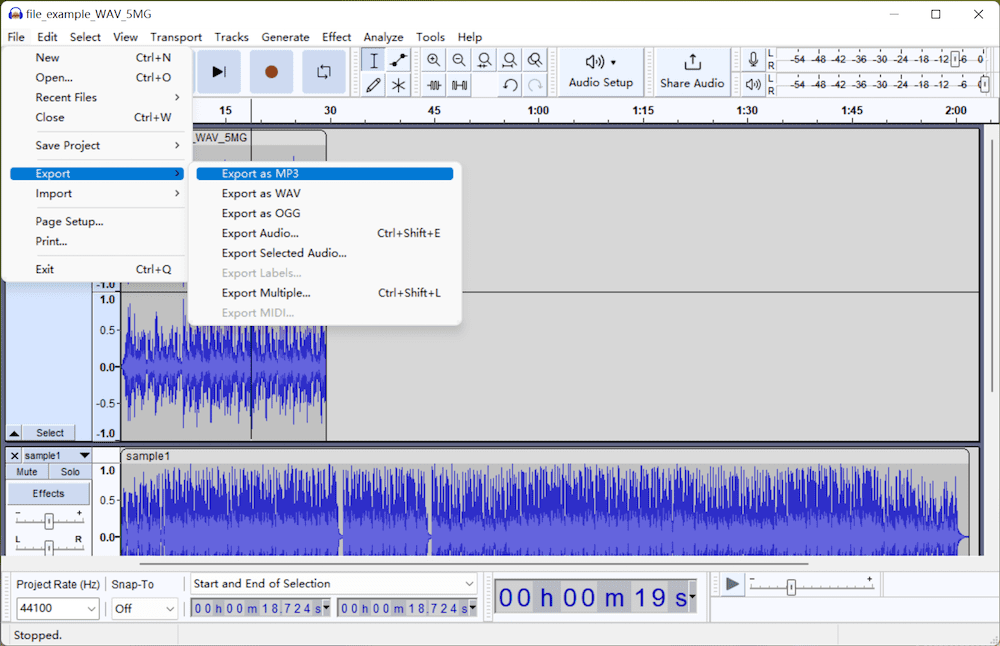 choose export as mp3 audacity