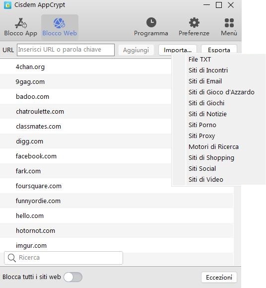 la scheda Blocco Web che mostra un campo URL, un pulsante Aggiungi e un menu Importa, e che due siti porno sono nell'elenco dei siti bloccati