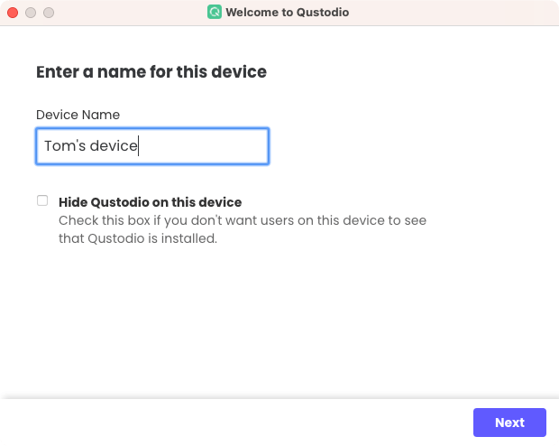 Enter a name for this device screen in Qustodio