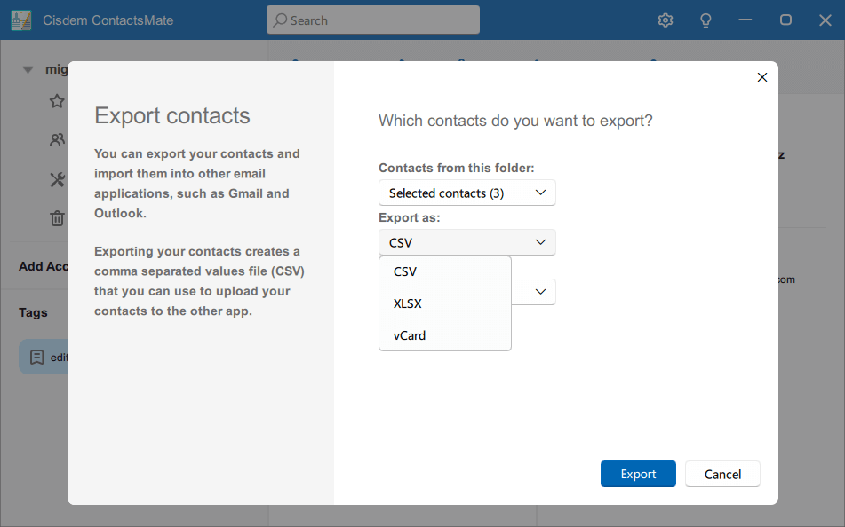the Export contacts dialog