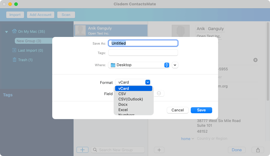 a dialog showing a Format dropdown menu and vCard being selected as the export format