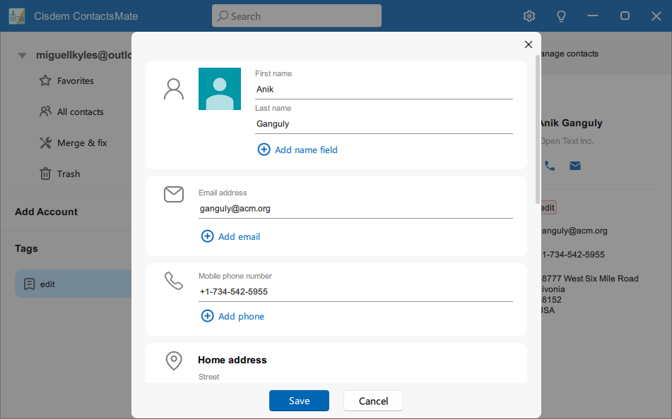 a dialog for editing contact information, such as first name, last name, email address, mobile phone number, and more