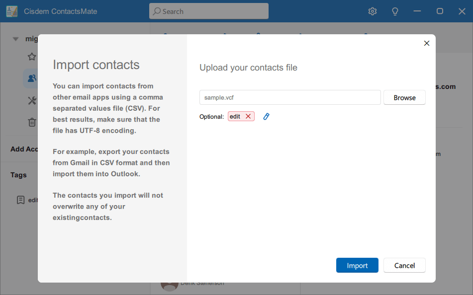 the Import contacts dialog