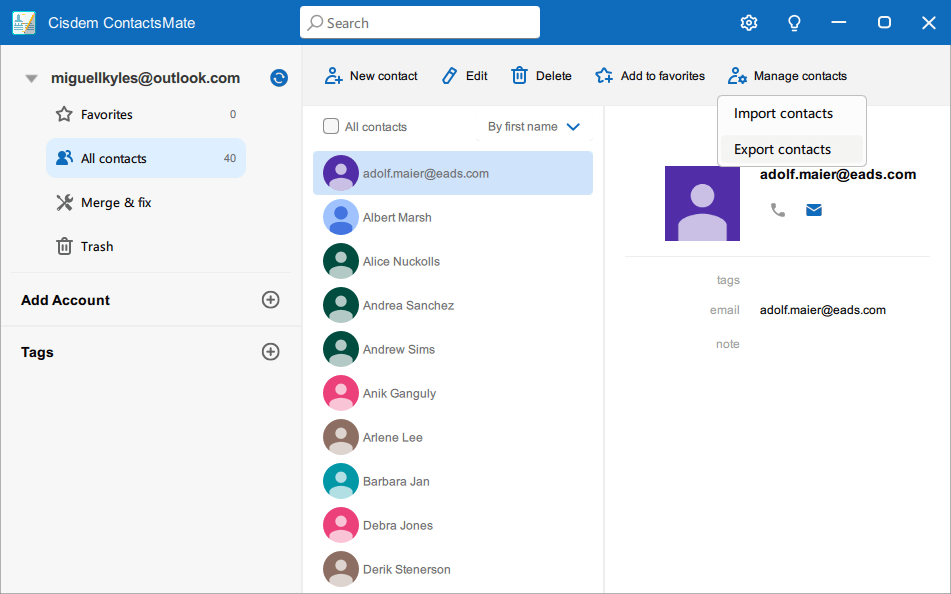 ContactsMate interface showing an Import contacts option