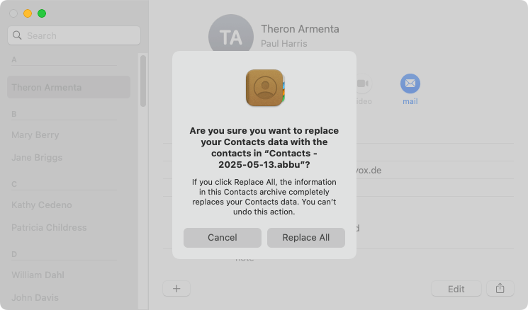 Contacts app interface showing that information for a contact is edited in the background and an Are you sure message