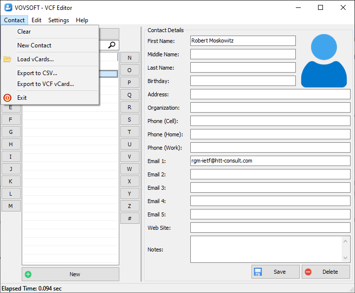 an Export to VCF vCard option