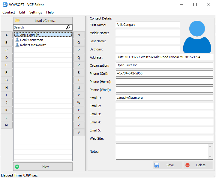 VCF Editor interface showing a Load vCards button on the left and a Contact Details section on the right