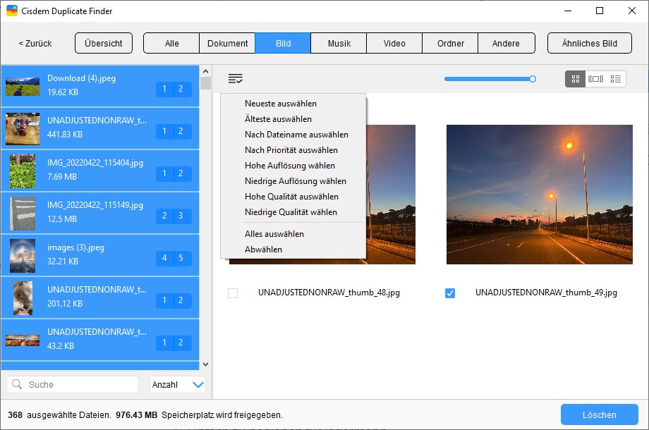 the results window showing several tabs, and the Image tab showing several sets of duplicate photos