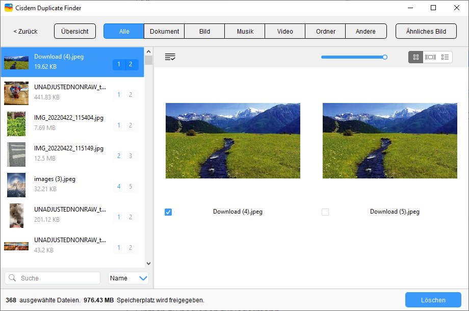 the results window showing several tabs, and the Image tab showing several sets of duplicate photos