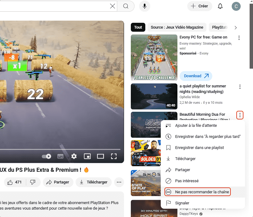 ne plus voir une chaine youtube