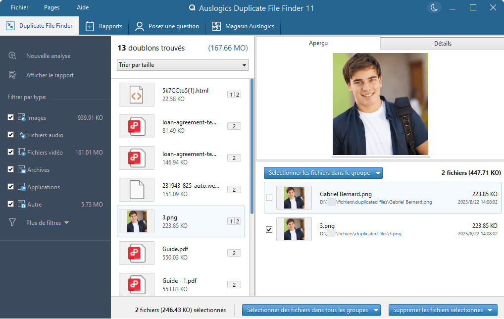 Auslogics Duplicate File Finder résultat