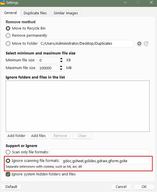 ignore scanning file formats