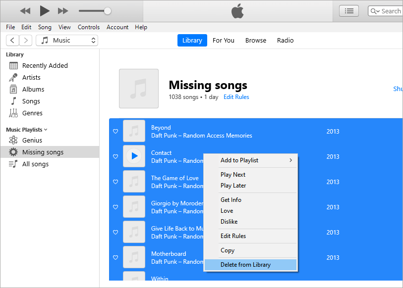 the Missing songs Smart Playlist and a menu showing the the Deleting from Library option is chosen