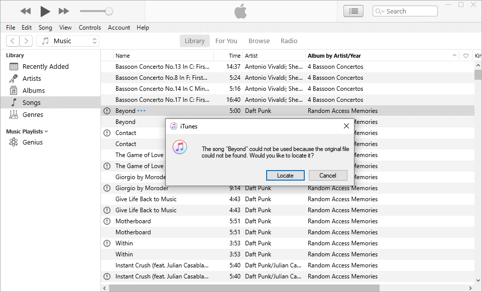 a dialog in iTunes showing that the selected song is missing