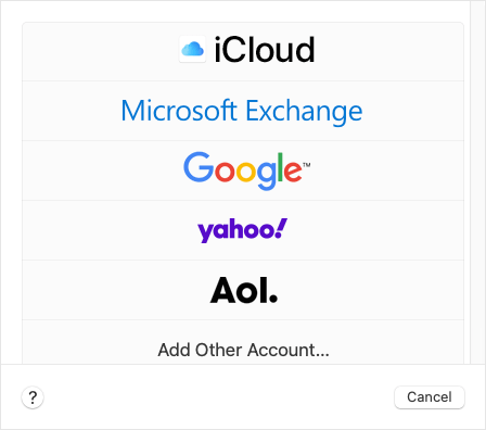 a dialog showing iCloud, Microsoft Exchanges, Google, Yahoo, and AOL