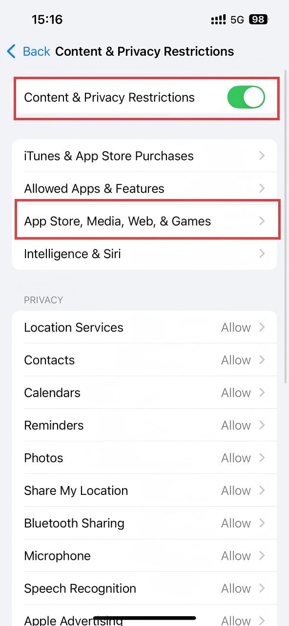 turn on content and privacy restrictions