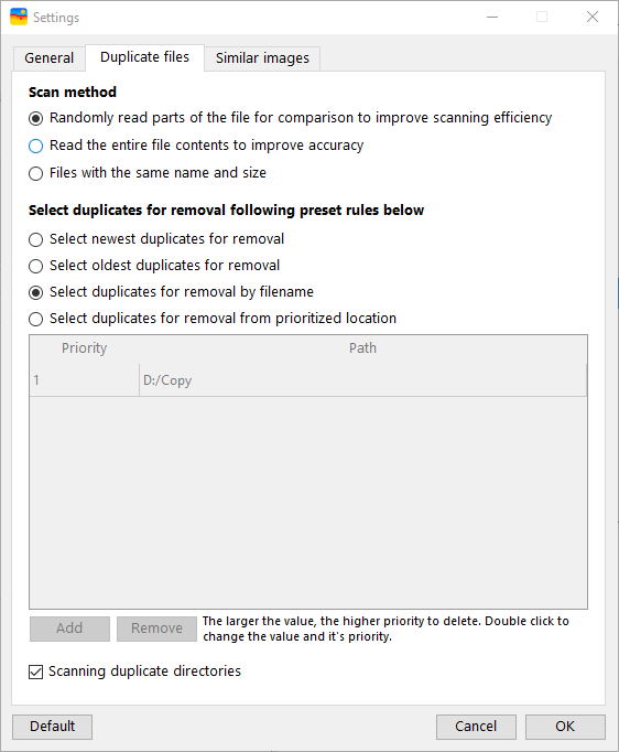 a Duplicate files tab showing that the Scanning duplicate directories checkbox is selected