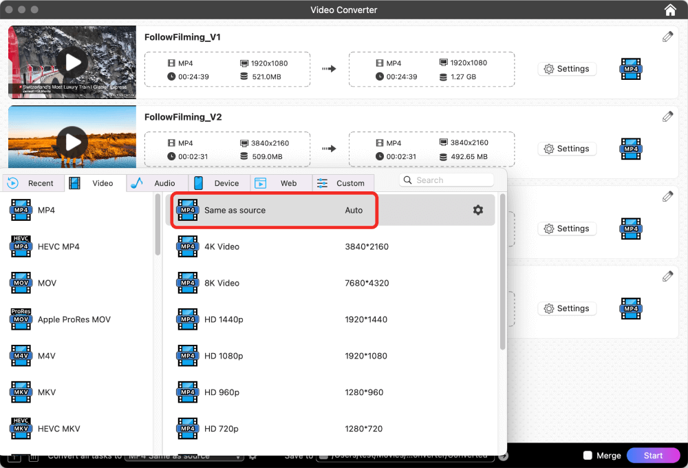 choose mp4 format