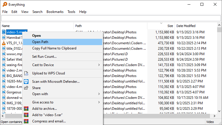 a context menu showing Open, Open Path, and many other options