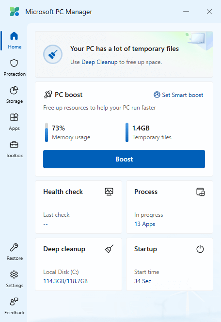 Microsoft PC Manager's Home tab showing Deep cleanup, Health check, and other features