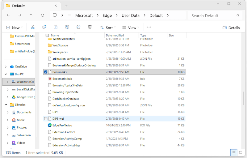ms edge favorites location
