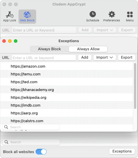 Exceptions dialog showing a list of legit websites being added to the Always Allow list