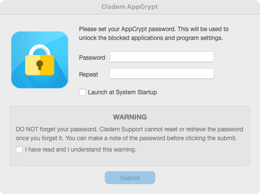 AppCrypt's password setup interface