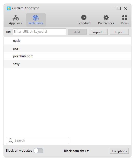 the Web Block tab showing that three porn related keywords have been added to block