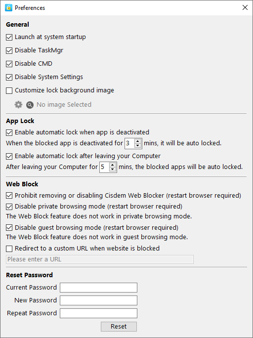 Preferences window showing four sections, including General, Web Block, and more