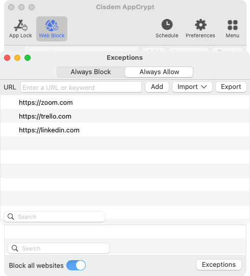 Always Allow list showing several work-related websites