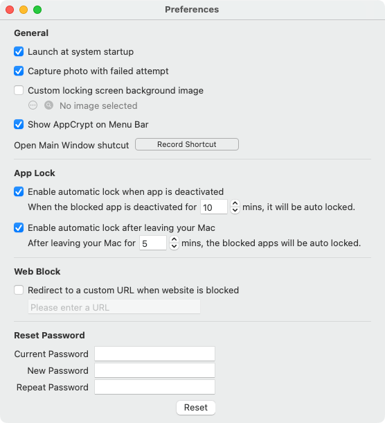 Preferences window