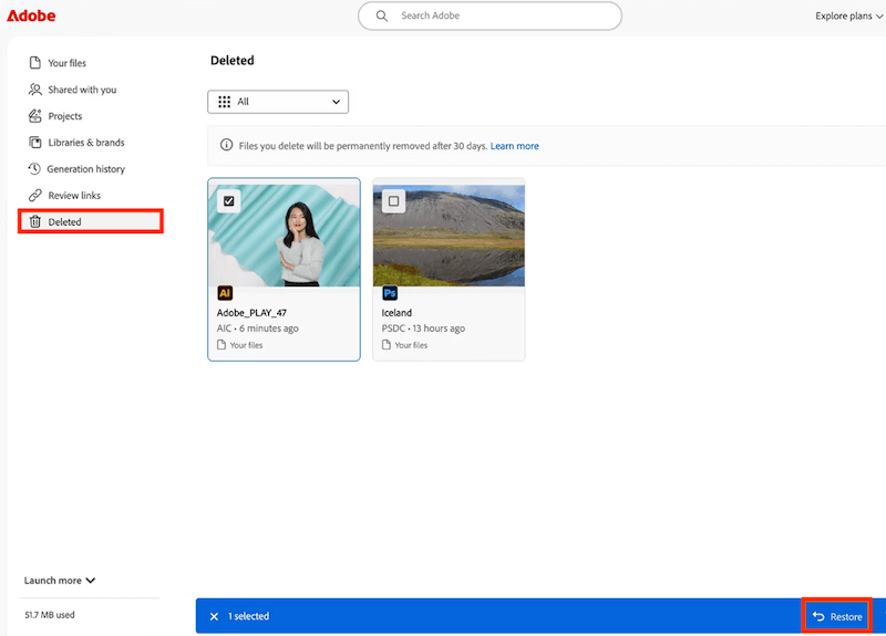 adobe cloud deleted