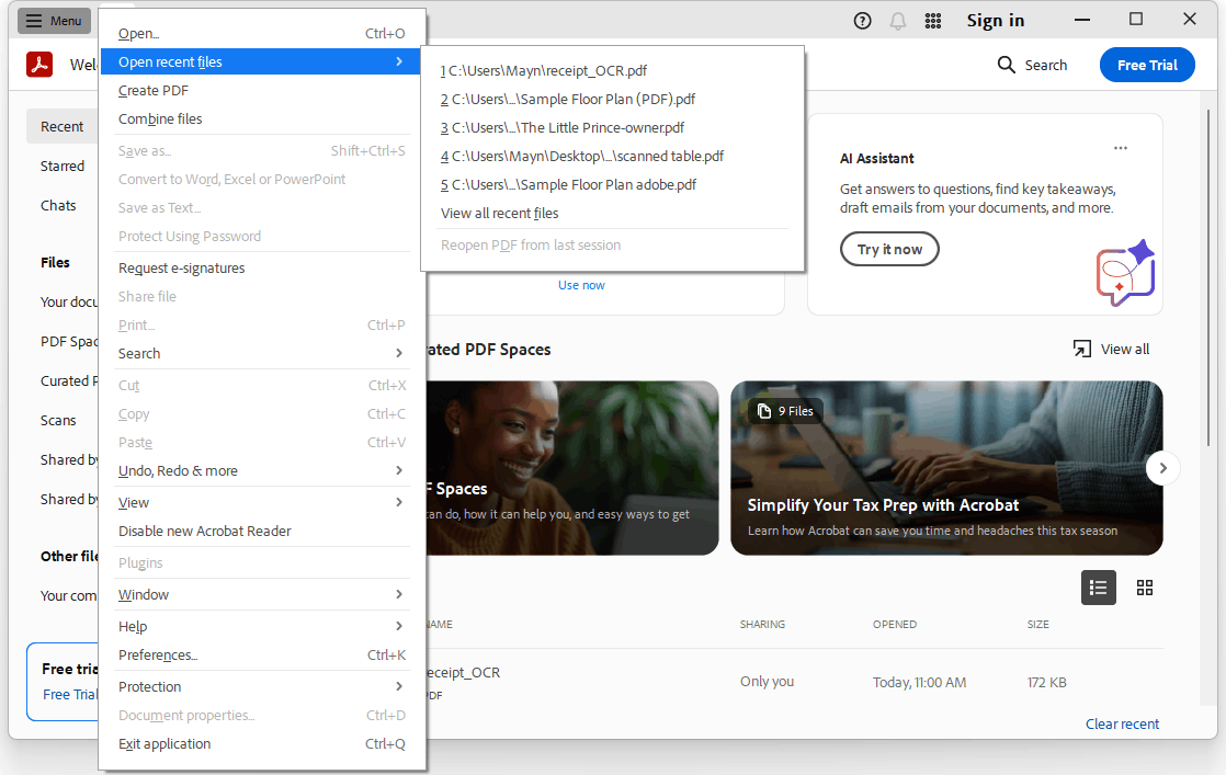 open adobe recent