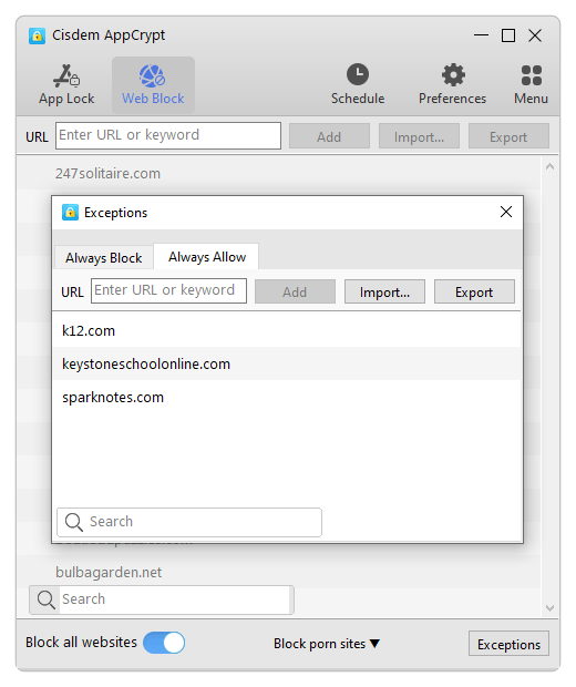 Exceptions dialog showing an Always Allow list