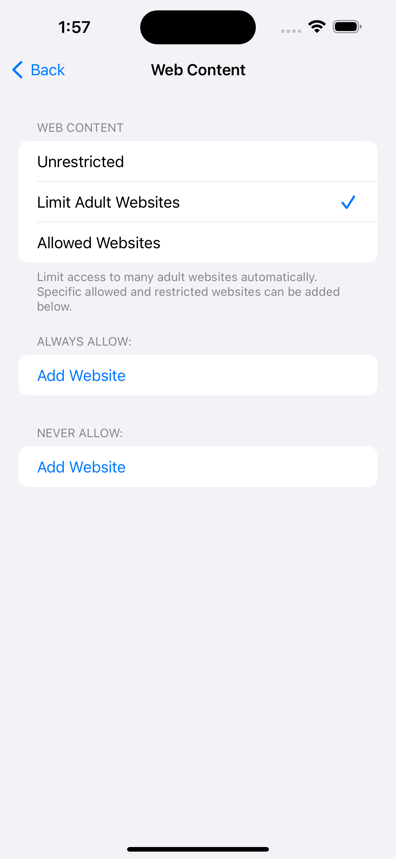 Web Content screen showing that Limit Adult Websites is selected