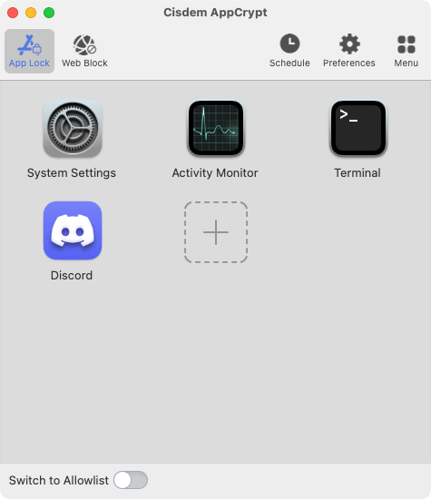 App Lock tab showing a big Add button and a Discord icon
