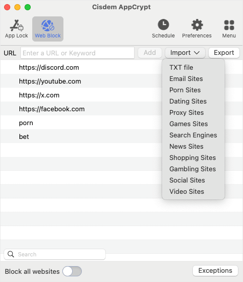 Web Block tab showing a list of websites, including discord.com