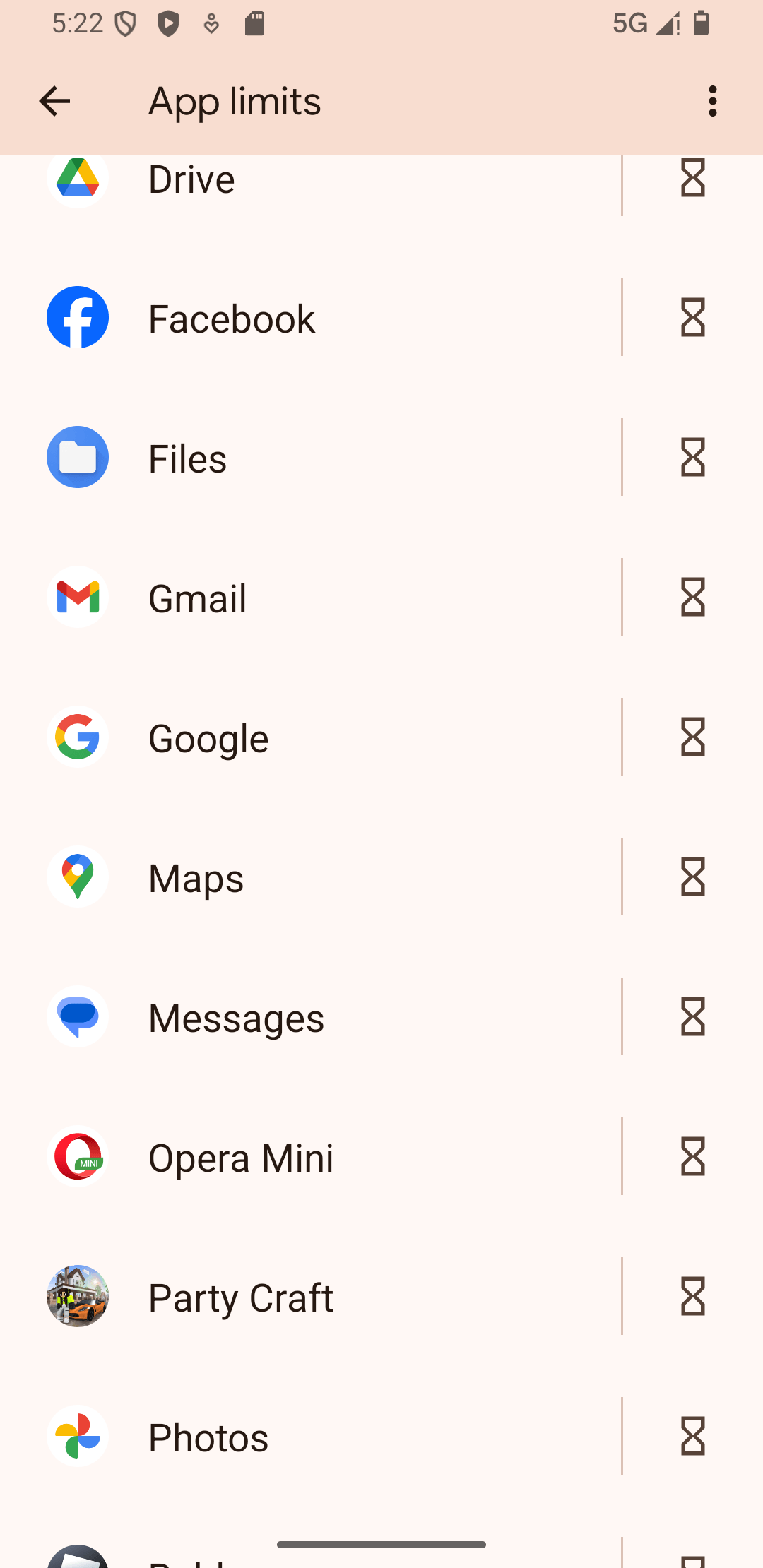 App limits screen showing Facebook and an hourglass icon next to it