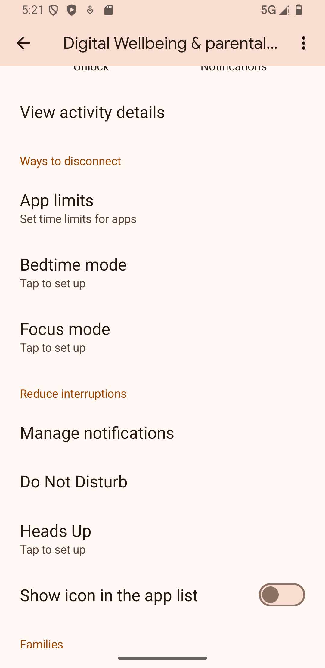 Digital Wellbeing & parental controls interface showing App limits and other sections