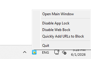 a menu showing Open Main Window and a few other options