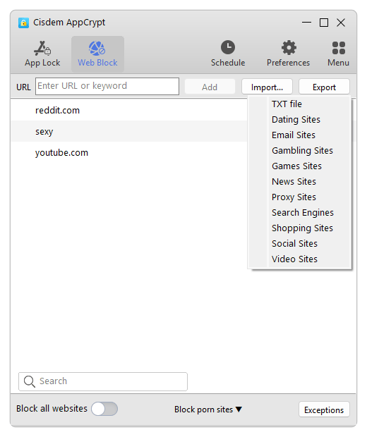 Web Block tab showing a list containing reddit.com, an URL field, an Add button, and more