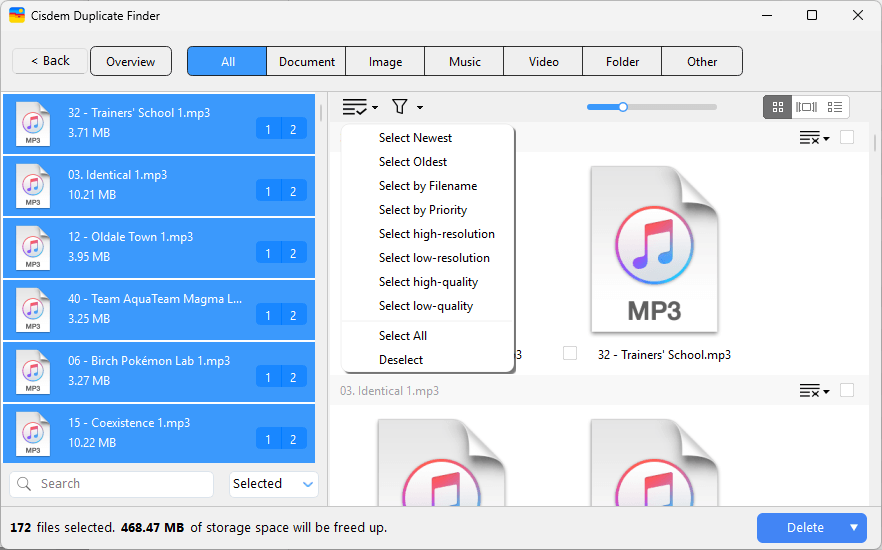 a window showing 6 sets of duplicate songs and a menu showing 8 selection rules