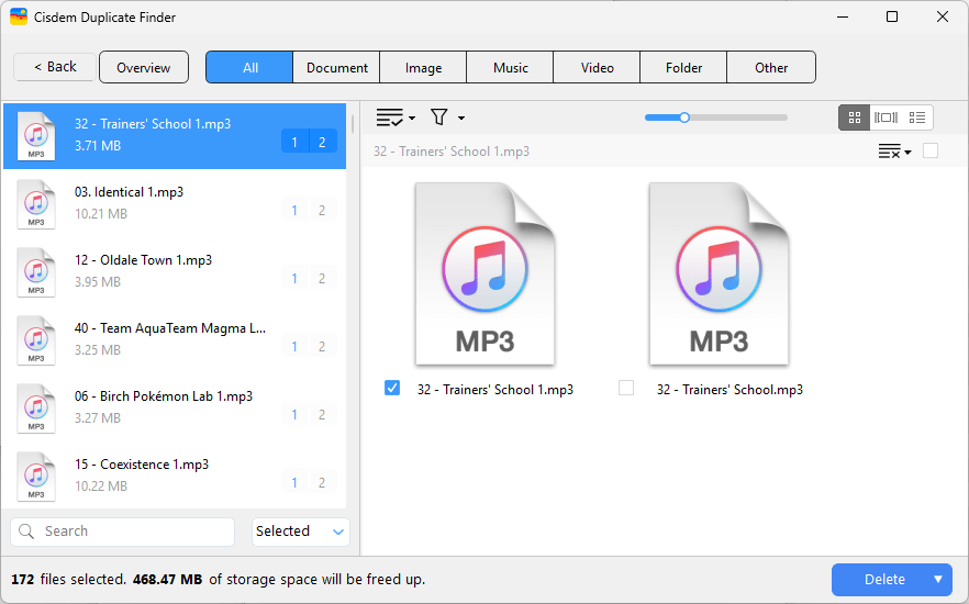 a window showing 6 sets of duplicate songs