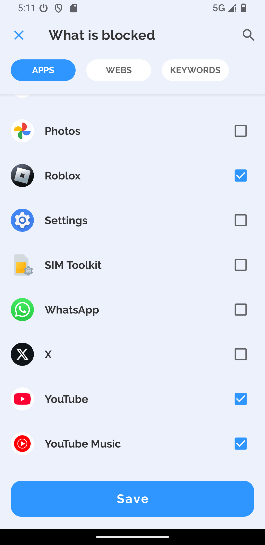 AppBlock showing Apps, Webs, and Keywords tabs