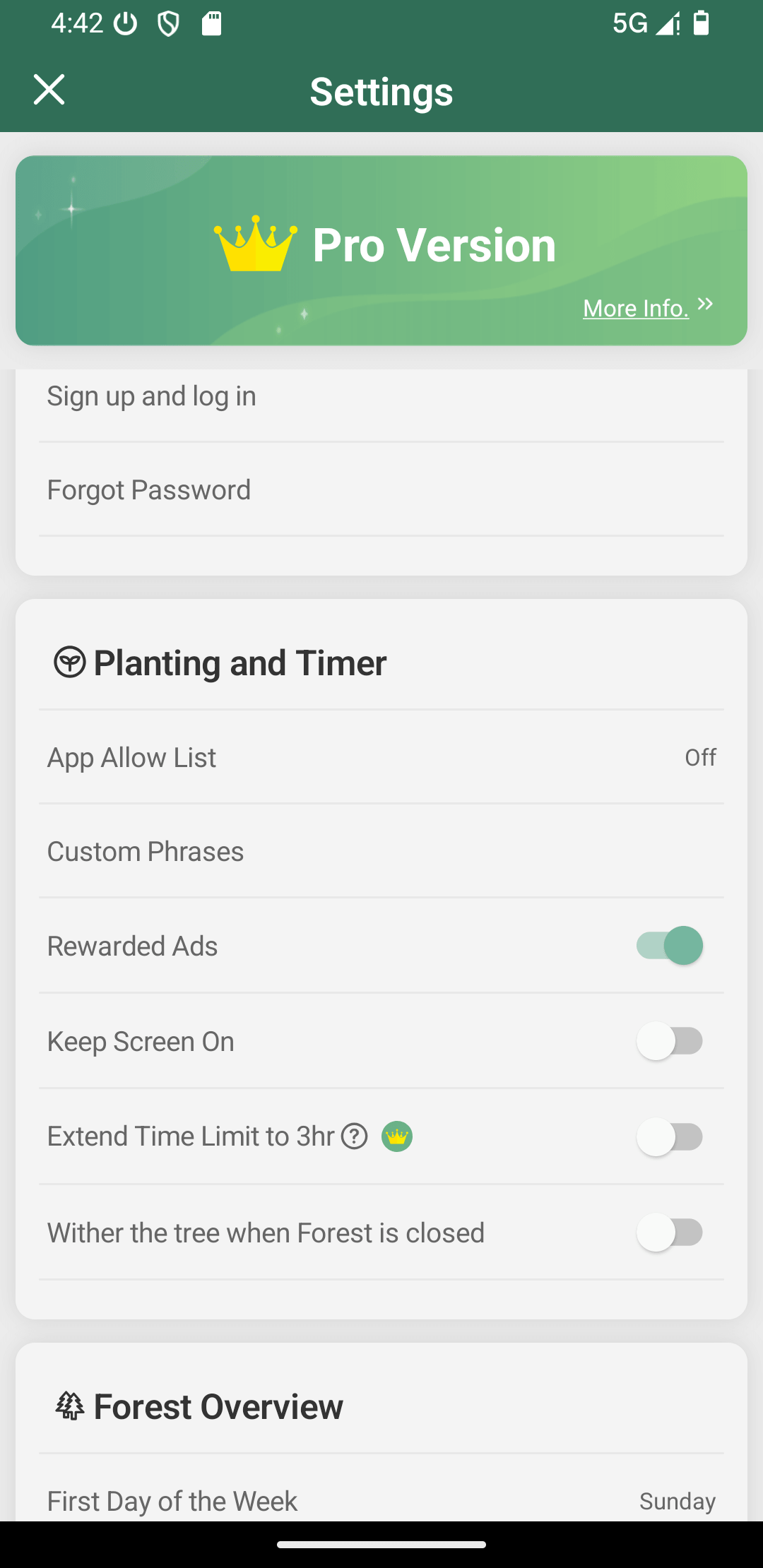 Forest app's Settings interface showing App Allow List