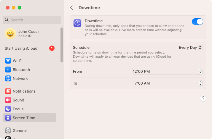Downtime interface showing a daily schedule